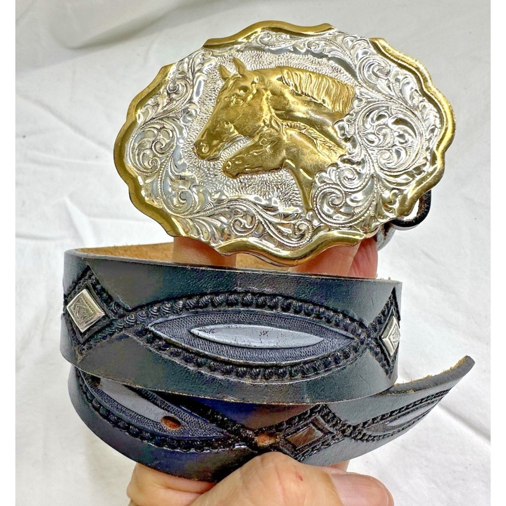 Crumrine Silver Plate Buckle Horse‎ Mare Foal Two Tone Western Belt Black 26